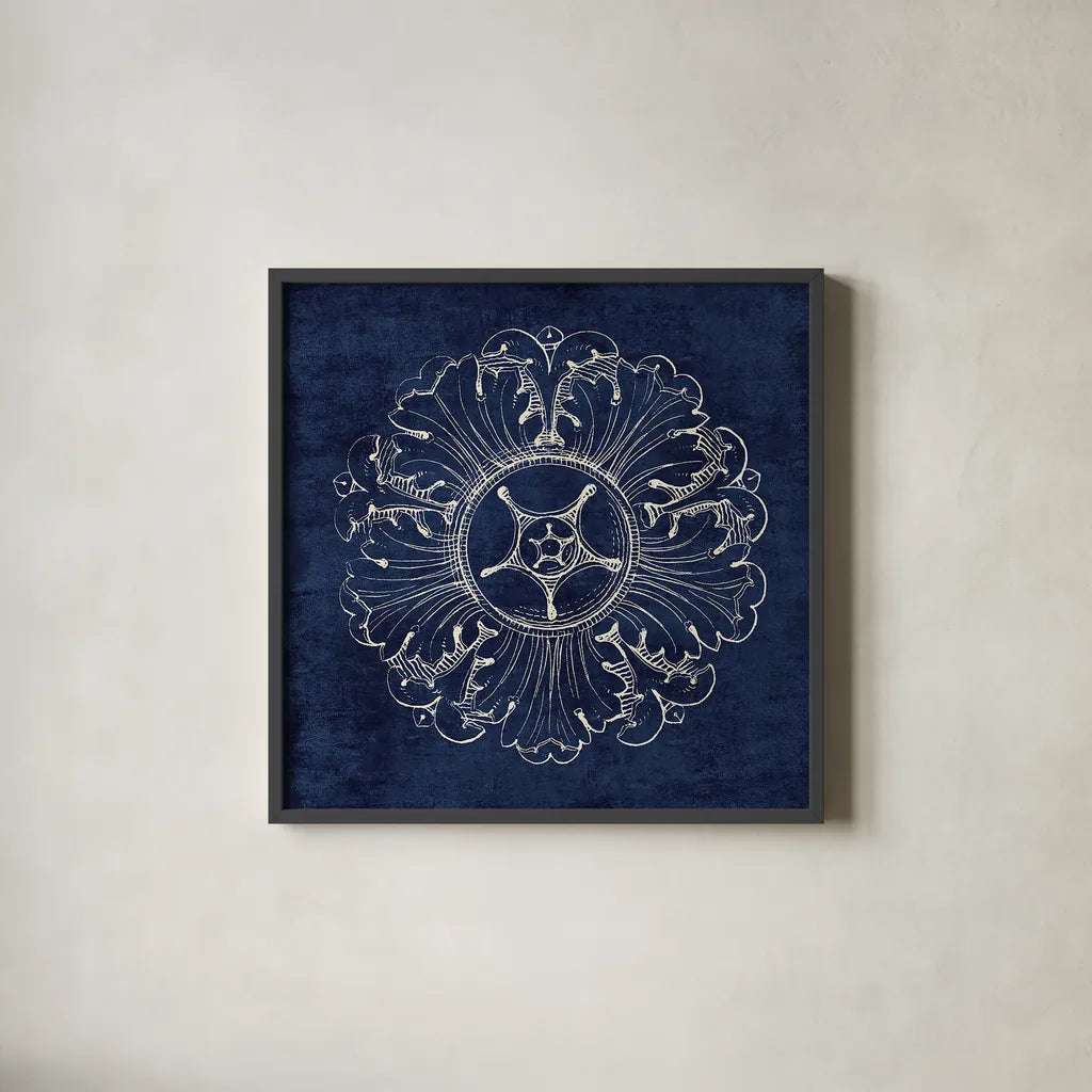Rosette VI Indigo by Wild Apple Portfolio. Shown in a sleek black glass frame for a contemporary gallery look. Available as an archival giclee rolled canvas, fine art paper, or poster print. SKU 23701a.