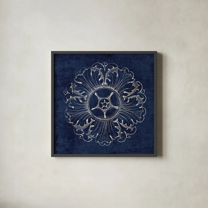 Rosette VI Indigo by Wild Apple Portfolio. Shown in a sleek black glass frame for a contemporary gallery look. Available as an archival giclee rolled canvas, fine art paper, or poster print. SKU 23701a.