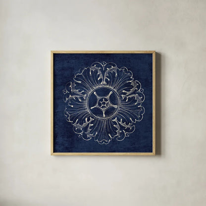 Rosette VI Indigo by Wild Apple Portfolio. Shown in a natural wood glass frame for a timeless modern aesthetic. Available as an archival giclee rolled canvas, fine art paper, or poster print. SKU 23701a.