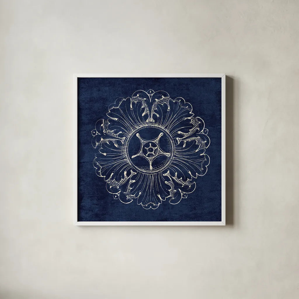 Rosette VI Indigo by Wild Apple Portfolio. Shown in a crisp white glass frame for a clean and minimalist style. Available as an archival giclee rolled canvas, fine art paper, or poster print. SKU 23701a.