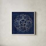 Rosette VI Indigo by Wild Apple Portfolio. Shown in a crisp white glass frame for a clean and minimalist style. Available as an archival giclee rolled canvas, fine art paper, or poster print. SKU 23701a.