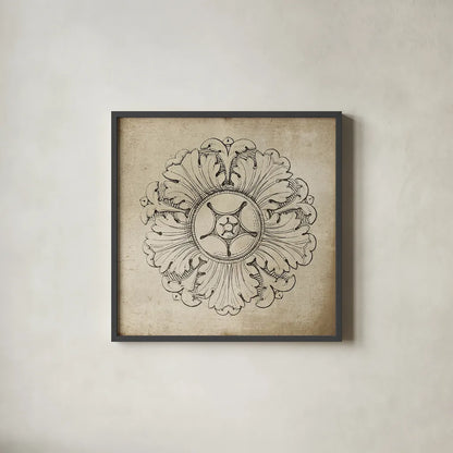 Rosette VI Neutral by Wild Apple Portfolio. Shown in a sleek black glass frame for a contemporary gallery look. Available as an archival giclee rolled canvas, fine art paper, or poster print. SKU 24307a.