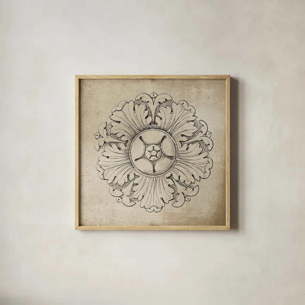 Rosette VI Neutral by Wild Apple Portfolio. Shown in a natural wood glass frame for a timeless modern aesthetic. Available as an archival giclee rolled canvas, fine art paper, or poster print. SKU 24307a.