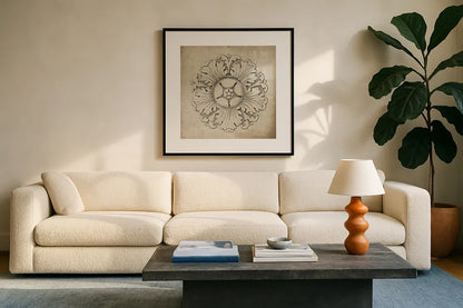 Rosette VI Neutral by Wild Apple Portfolio. Displayed in a glass frame with matte in a clean modern living room. Available as an archival giclee rolled canvas, fine art paper, or poster print. SKU 24307a.