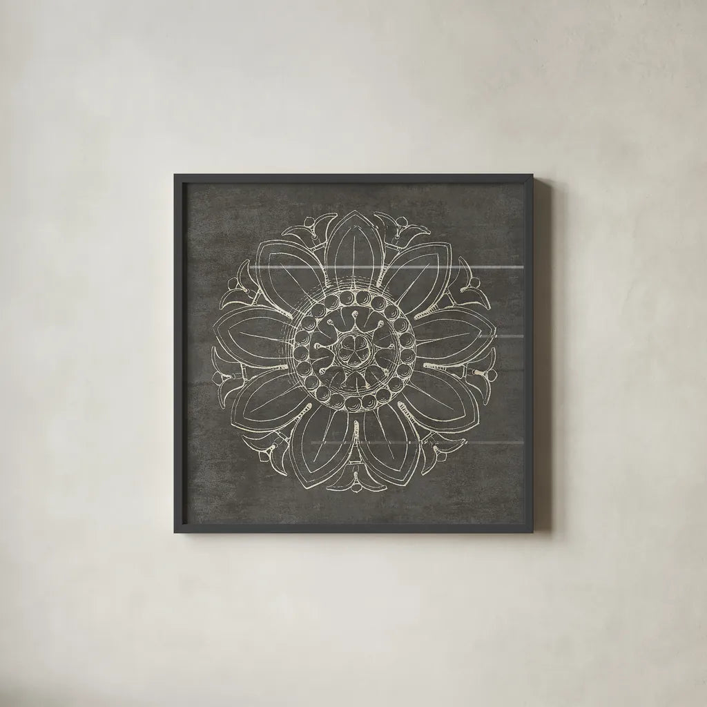 Rosette VII Gray by Wild Apple Portfolio. Shown in a sleek black glass frame for a contemporary gallery look. Available as an archival giclee rolled canvas, fine art paper, or poster print. SKU 21579a.