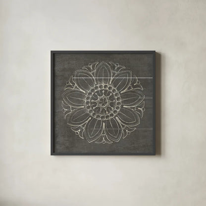 Rosette VII Gray by Wild Apple Portfolio. Shown in a sleek black glass frame for a contemporary gallery look. Available as an archival giclee rolled canvas, fine art paper, or poster print. SKU 21579a.
