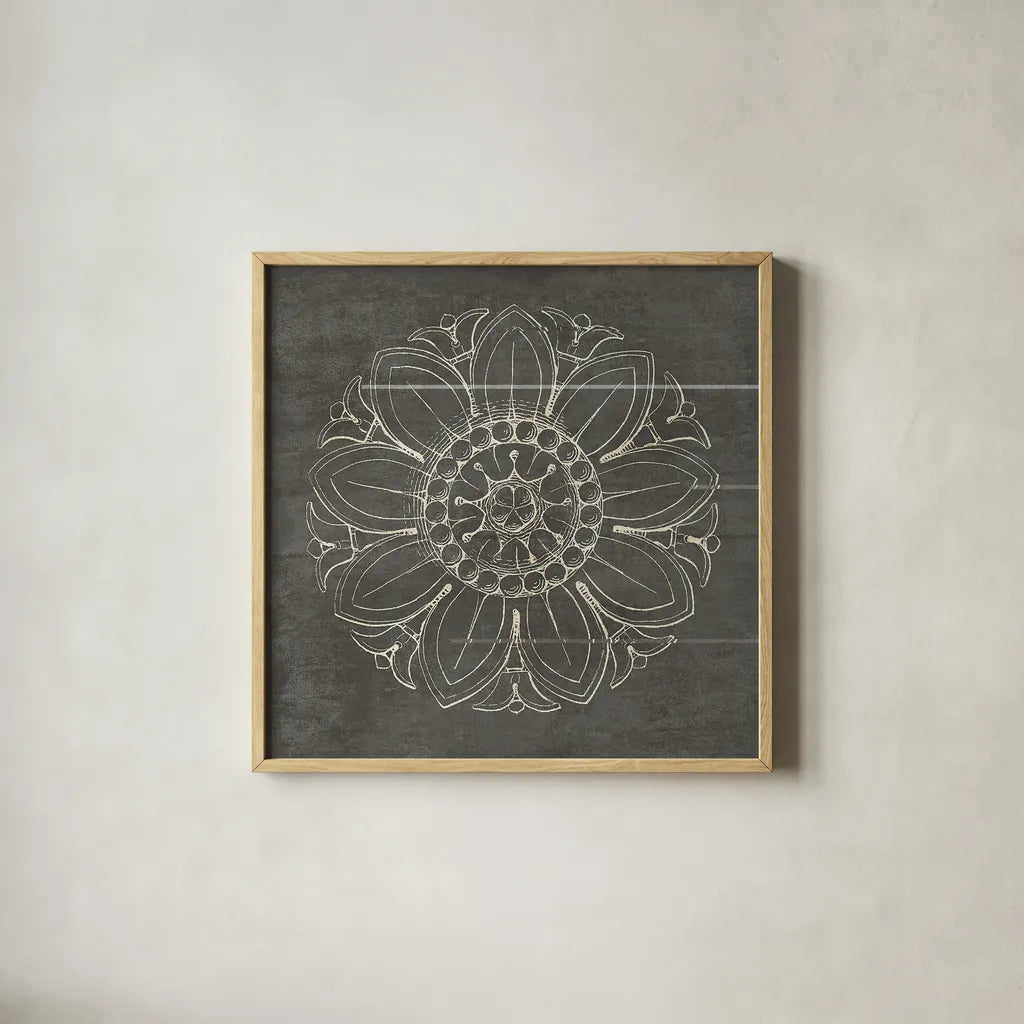Rosette VII Gray by Wild Apple Portfolio. Shown in a natural wood glass frame for a timeless modern aesthetic. Available as an archival giclee rolled canvas, fine art paper, or poster print. SKU 21579a.