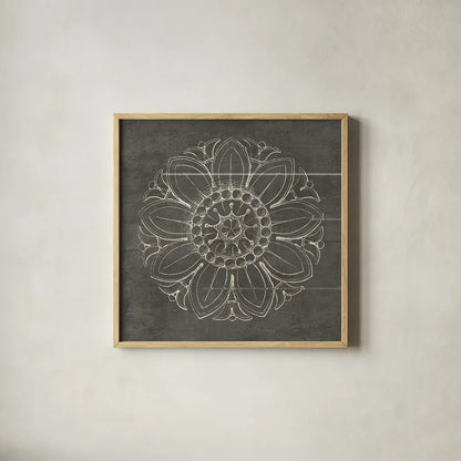 Rosette VII Gray by Wild Apple Portfolio. Shown in a natural wood glass frame for a timeless modern aesthetic. Available as an archival giclee rolled canvas, fine art paper, or poster print. SKU 21579a.