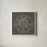 Rosette VII Gray by Wild Apple Portfolio. Shown in a crisp white glass frame for a clean and minimalist style. Available as an archival giclee rolled canvas, fine art paper, or poster print. SKU 21579a.