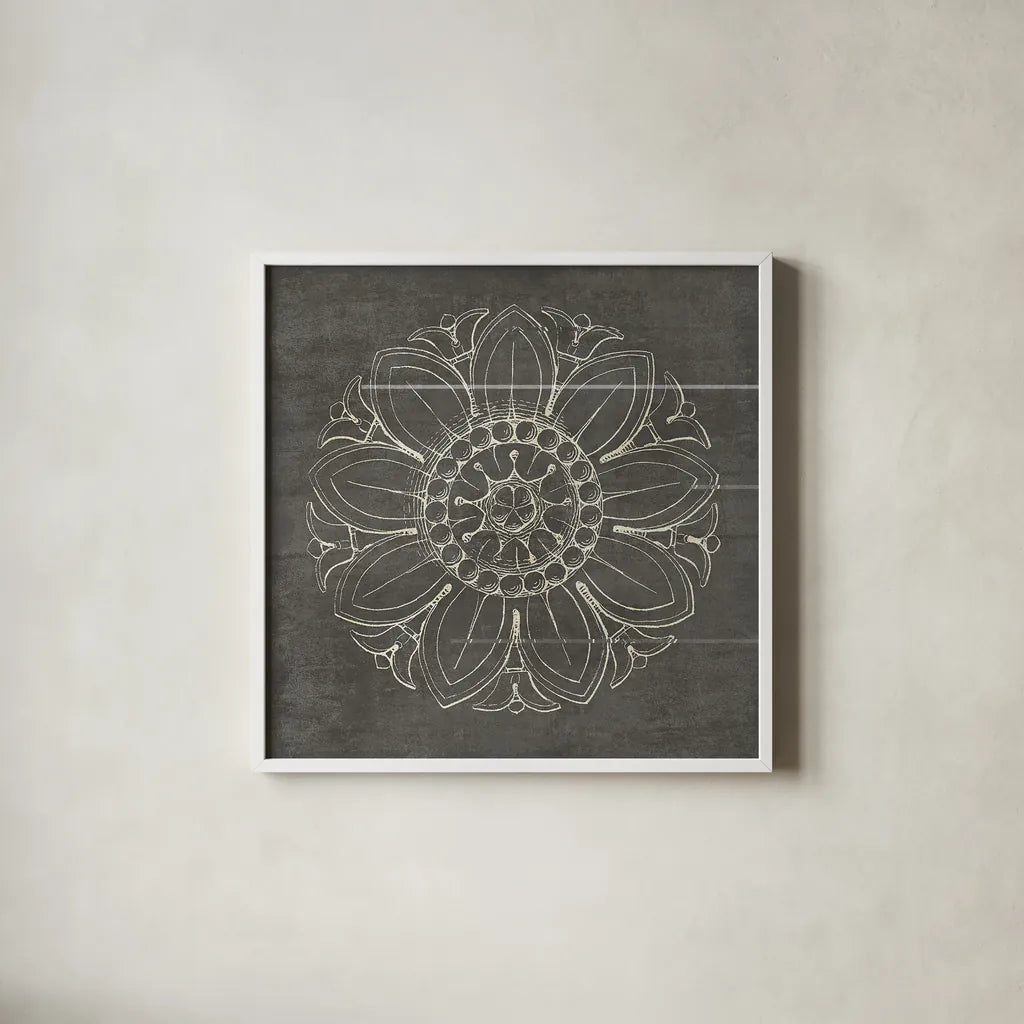 Rosette VII Gray by Wild Apple Portfolio. Shown in a crisp white glass frame for a clean and minimalist style. Available as an archival giclee rolled canvas, fine art paper, or poster print. SKU 21579a.