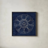 Rosette VII Indigo by Wild Apple Portfolio. Shown in a sleek black glass frame for a contemporary gallery look. Available as an archival giclee rolled canvas, fine art paper, or poster print. SKU 23702a.