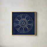 Rosette VII Indigo by Wild Apple Portfolio. Shown in a natural wood glass frame for a timeless modern aesthetic. Available as an archival giclee rolled canvas, fine art paper, or poster print. SKU 23702a.