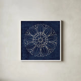 Rosette VII Indigo by Wild Apple Portfolio. Shown in a crisp white glass frame for a clean and minimalist style. Available as an archival giclee rolled canvas, fine art paper, or poster print. SKU 23702a.