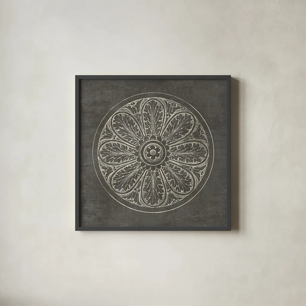 Rosette VIII Gray by Wild Apple Portfolio. Shown in a sleek black glass frame for a contemporary gallery look. Available as an archival giclee rolled canvas, fine art paper, or poster print. SKU 21580a.