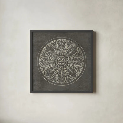 Rosette VIII Gray by Wild Apple Portfolio. Shown in a sleek black glass frame for a contemporary gallery look. Available as an archival giclee rolled canvas, fine art paper, or poster print. SKU 21580a.
