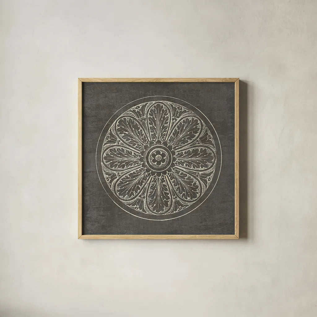 Rosette VIII Gray by Wild Apple Portfolio. Shown in a natural wood glass frame for a timeless modern aesthetic. Available as an archival giclee rolled canvas, fine art paper, or poster print. SKU 21580a.