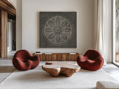 Rosette VIII Gray by Wild Apple Portfolio. Shown as extra-large giant wall art in a modern living room. Available as an archival giclee rolled canvas, fine art paper, or poster print. SKU 21580a.