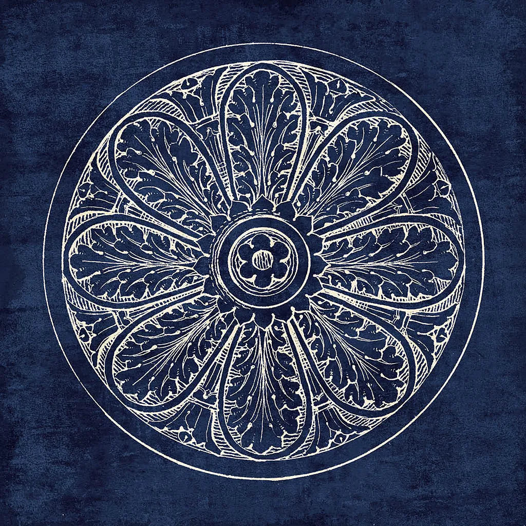Rosette VIII Indigo by Wild Apple Portfolio. SKU 23703a. Archival Giclee Fine art print for wall decor.
