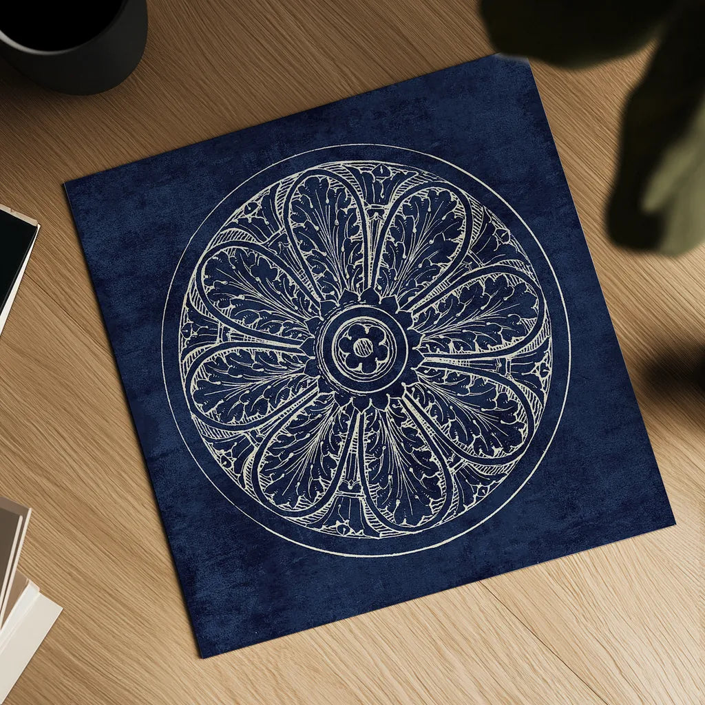 Rosette VIII Indigo by Wild Apple Portfolio. Shown as a detailed flat fine art print, highlighting archival giclee quality. Available as an archival giclee rolled canvas, fine art paper, or poster print. SKU 23703a.