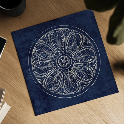 Rosette VIII Indigo by Wild Apple Portfolio. Shown as a detailed flat fine art print, highlighting archival giclee quality. Available as an archival giclee rolled canvas, fine art paper, or poster print. SKU 23703a.