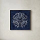 Rosette VIII Indigo by Wild Apple Portfolio. Shown in a sleek black glass frame for a contemporary gallery look. Available as an archival giclee rolled canvas, fine art paper, or poster print. SKU 23703a.