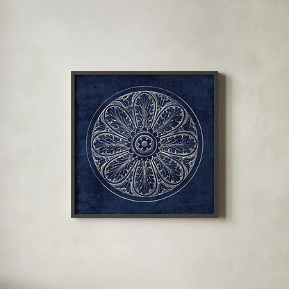 Rosette VIII Indigo by Wild Apple Portfolio. Shown in a sleek black glass frame for a contemporary gallery look. Available as an archival giclee rolled canvas, fine art paper, or poster print. SKU 23703a.