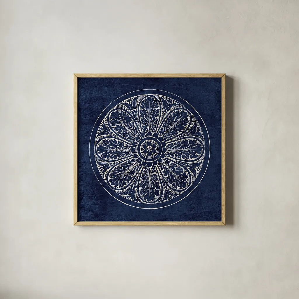 Rosette VIII Indigo by Wild Apple Portfolio. Shown in a natural wood glass frame for a timeless modern aesthetic. Available as an archival giclee rolled canvas, fine art paper, or poster print. SKU 23703a.
