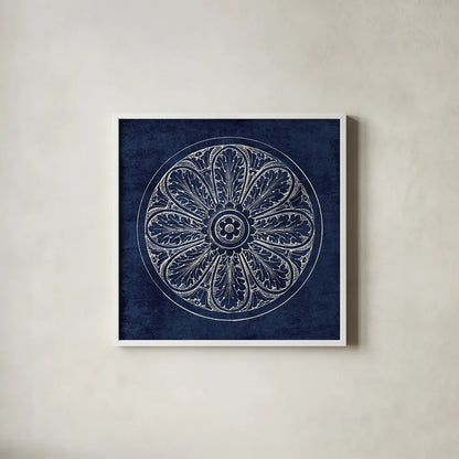 Rosette VIII Indigo by Wild Apple Portfolio. Shown in a crisp white glass frame for a clean and minimalist style. Available as an archival giclee rolled canvas, fine art paper, or poster print. SKU 23703a.