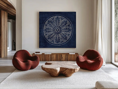 Rosette VIII Indigo by Wild Apple Portfolio. Shown as extra-large giant wall art in a modern living room. Available as an archival giclee rolled canvas, fine art paper, or poster print. SKU 23703a.