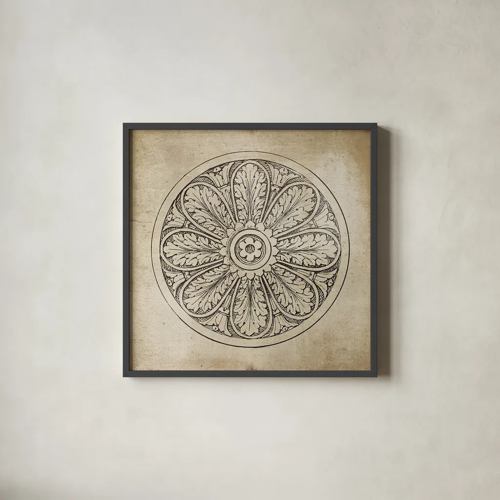 Rosette VIII Neutral by Wild Apple Portfolio. Shown in a sleek black glass frame for a contemporary gallery look. Available as an archival giclee rolled canvas, fine art paper, or poster print. SKU 24308a.
