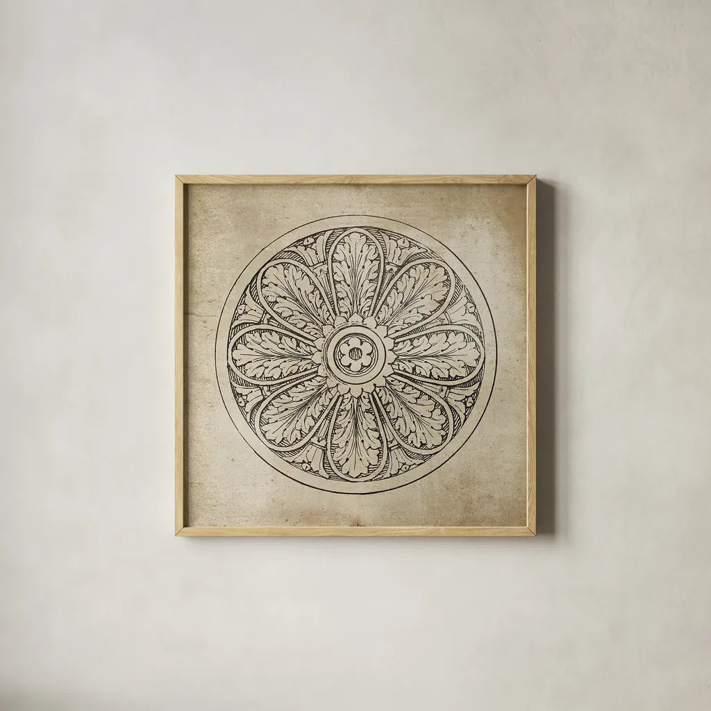 Rosette VIII Neutral by Wild Apple Portfolio. Shown in a natural wood glass frame for a timeless modern aesthetic. Available as an archival giclee rolled canvas, fine art paper, or poster print. SKU 24308a.