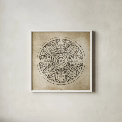 Rosette VIII Neutral by Wild Apple Portfolio. Shown in a crisp white glass frame for a clean and minimalist style. Available as an archival giclee rolled canvas, fine art paper, or poster print. SKU 24308a.