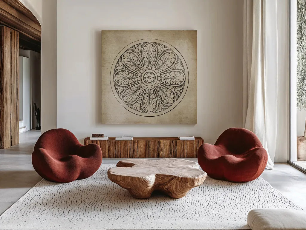 Rosette VIII Neutral by Wild Apple Portfolio. Shown as extra-large giant wall art in a modern living room. Available as an archival giclee rolled canvas, fine art paper, or poster print. SKU 24308a.