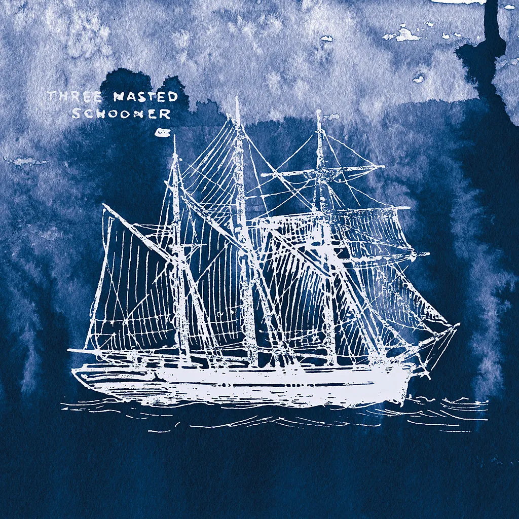 Sailing Ships II Indigo by Wild Apple Portfolio. SKU 32099a. Archival Giclee Fine art print for wall decor.