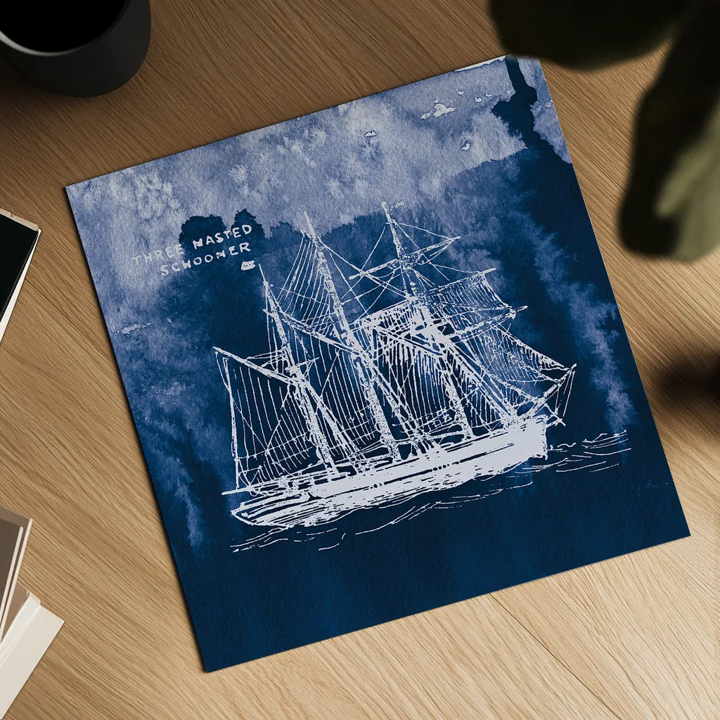 Sailing Ships II Indigo by Wild Apple Portfolio. Shown as a detailed flat fine art print, highlighting archival giclee quality. Available as an archival giclee rolled canvas, fine art paper, or poster print. SKU 32099a.