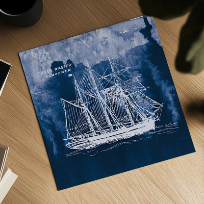 Sailing Ships II Indigo by Wild Apple Portfolio. Shown as a detailed flat fine art print, highlighting archival giclee quality. Available as an archival giclee rolled canvas, fine art paper, or poster print. SKU 32099a.