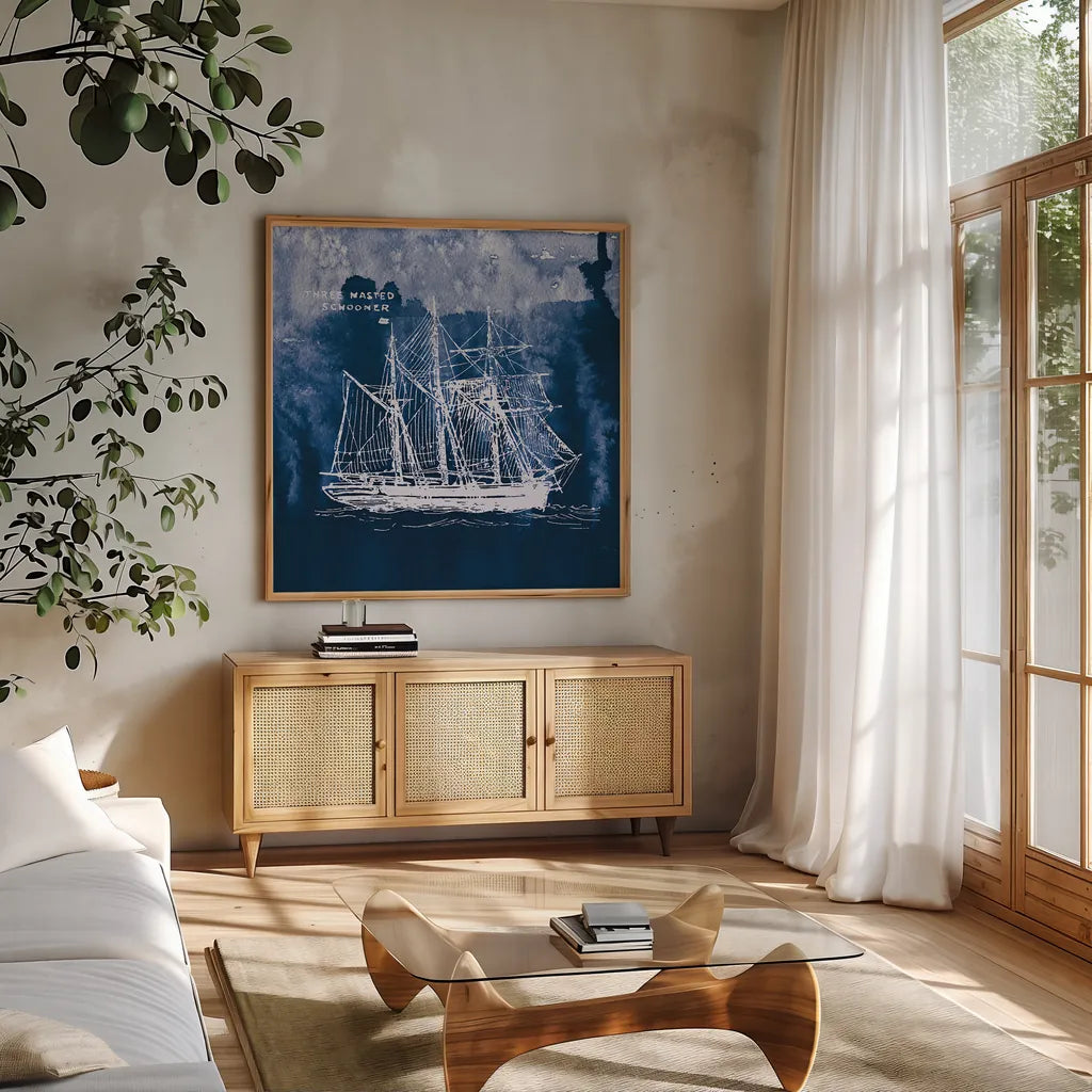 Sailing Ships II Indigo by Wild Apple Portfolio. Shown in a natural wood frame in a cozy modern living room. Available as an archival giclee rolled canvas, fine art paper, or poster print. SKU 32099a.