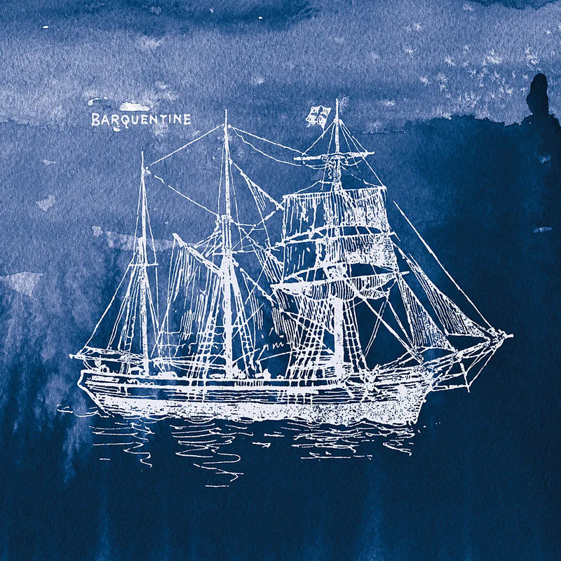 Sailing Ships III Indigo by Wild Apple Portfolio. SKU 32100a. Archival Giclee Fine art print for wall decor.