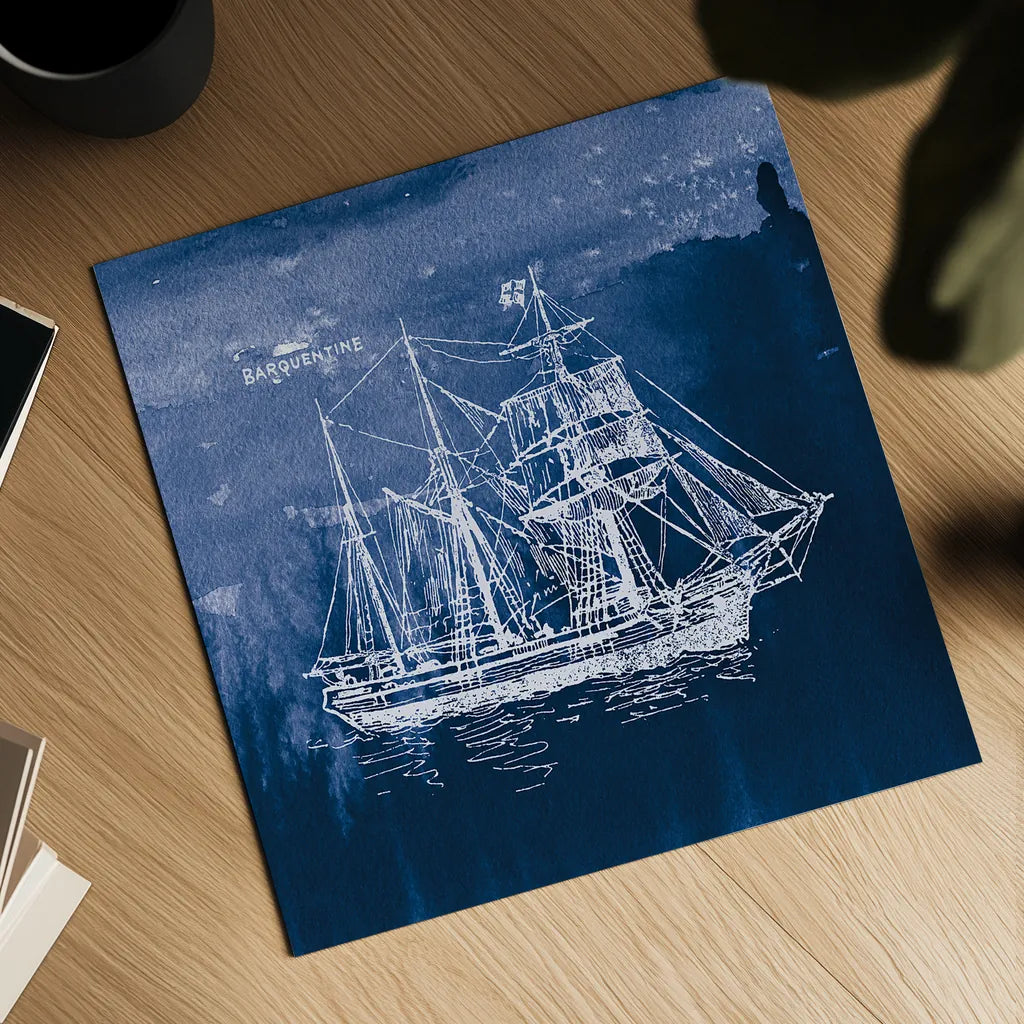 Sailing Ships III Indigo by Wild Apple Portfolio. Shown as a detailed flat fine art print, highlighting archival giclee quality. Available as an archival giclee rolled canvas, fine art paper, or poster print. SKU 32100a.