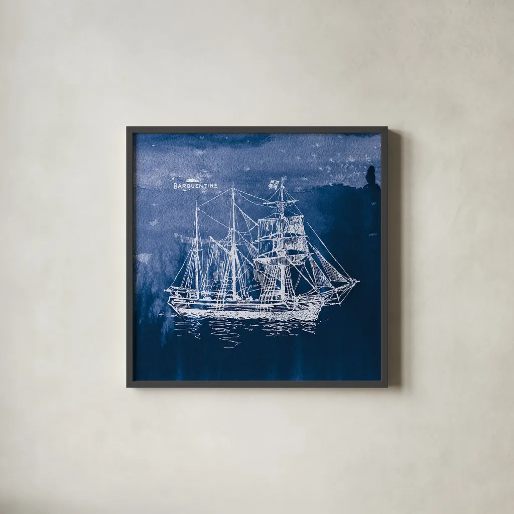 Sailing Ships III Indigo by Wild Apple Portfolio. Shown in a sleek black glass frame for a contemporary gallery look. Available as an archival giclee rolled canvas, fine art paper, or poster print. SKU 32100a.
