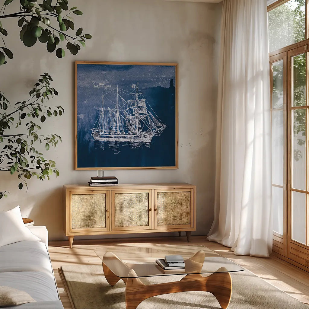 Sailing Ships III Indigo by Wild Apple Portfolio. Shown in a natural wood frame in a cozy modern living room. Available as an archival giclee rolled canvas, fine art paper, or poster print. SKU 32100a.