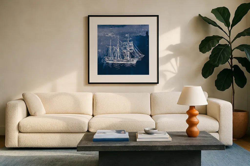 Sailing Ships III Indigo by Wild Apple Portfolio. Displayed in a glass frame with matte in a clean modern living room. Available as an archival giclee rolled canvas, fine art paper, or poster print. SKU 32100a.