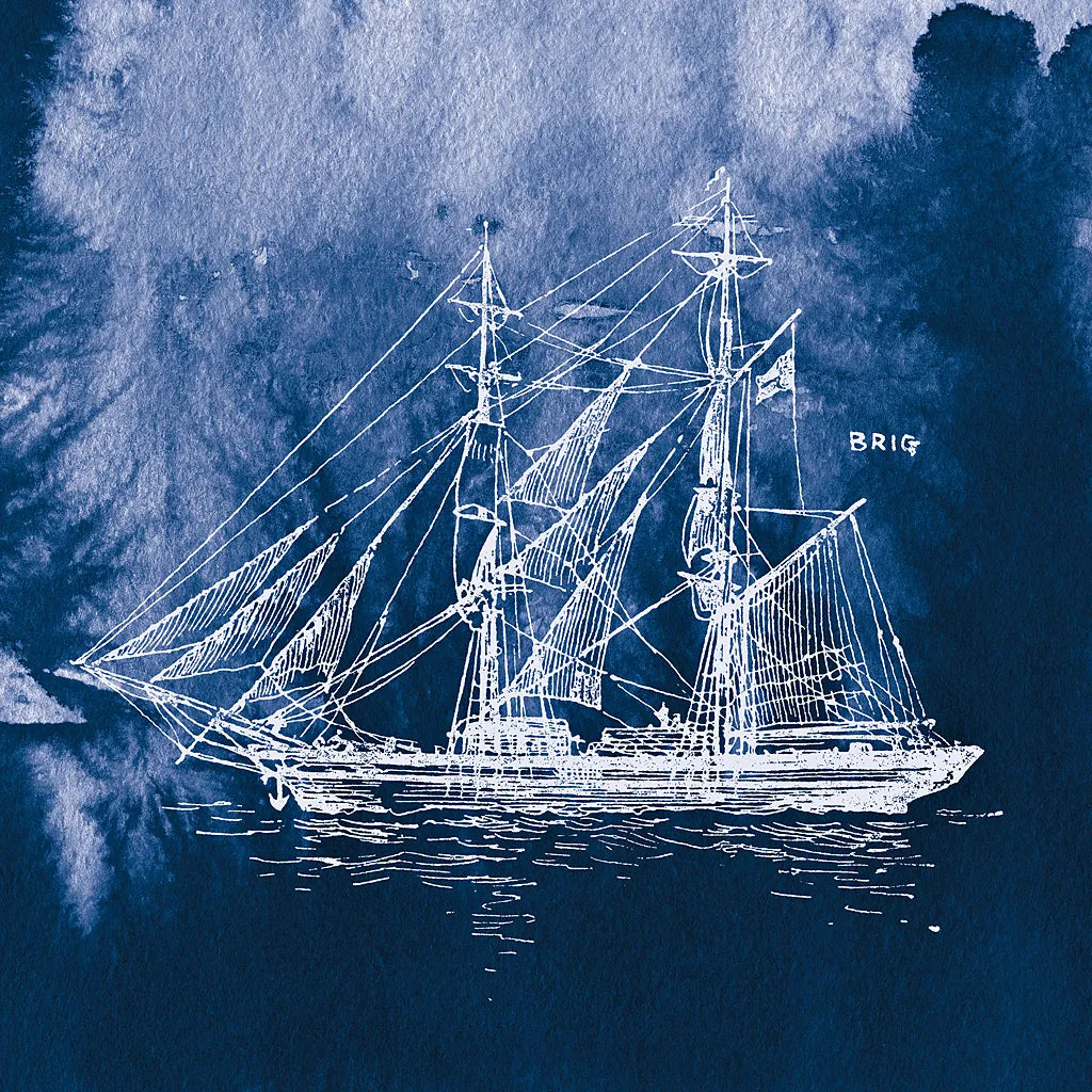 Sailing Ships IV Indigo by Wild Apple Portfolio. SKU 32101a. Archival Giclee Fine art print for wall decor.
