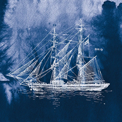 Sailing Ships IV Indigo by Wild Apple Portfolio. SKU 32101a. Archival Giclee Fine art print for wall decor.