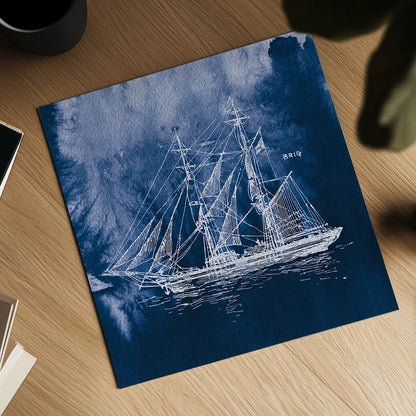 Sailing Ships IV Indigo by Wild Apple Portfolio. Shown as a detailed flat fine art print, highlighting archival giclee quality. Available as an archival giclee rolled canvas, fine art paper, or poster print. SKU 32101a.