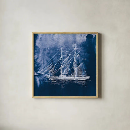 Sailing Ships IV Indigo by Wild Apple Portfolio. Shown in a natural wood glass frame for a timeless modern aesthetic. Available as an archival giclee rolled canvas, fine art paper, or poster print. SKU 32101a.