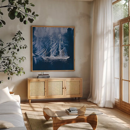 Sailing Ships IV Indigo by Wild Apple Portfolio. Shown in a natural wood frame in a cozy modern living room. Available as an archival giclee rolled canvas, fine art paper, or poster print. SKU 32101a.