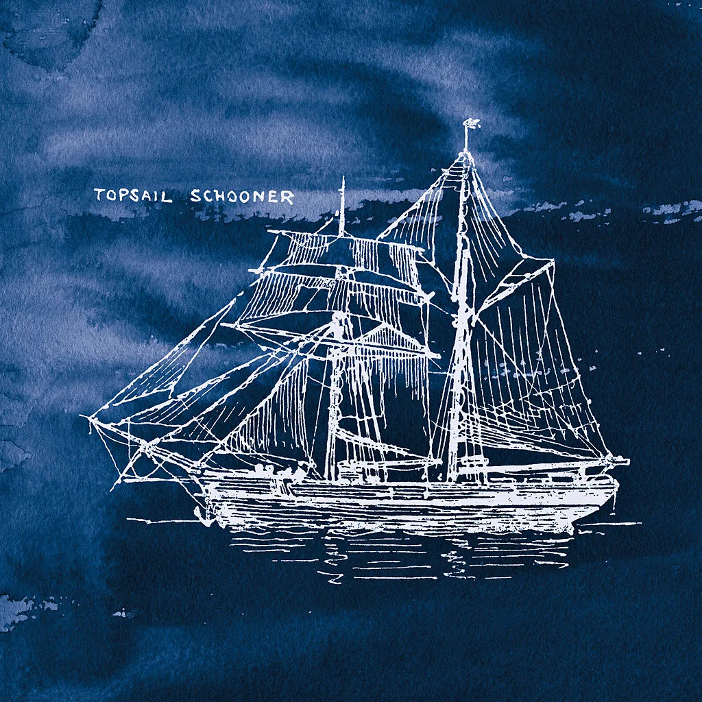 Sailing Ships V Indigo by Wild Apple Portfolio. SKU 32102a. Archival Giclee Fine art print for wall decor.