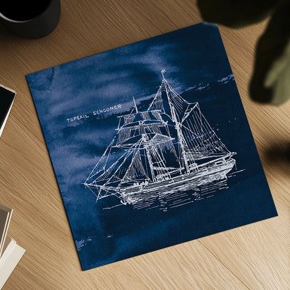 Sailing Ships V Indigo by Wild Apple Portfolio. Shown as a detailed flat fine art print, highlighting archival giclee quality. Available as an archival giclee rolled canvas, fine art paper, or poster print. SKU 32102a.