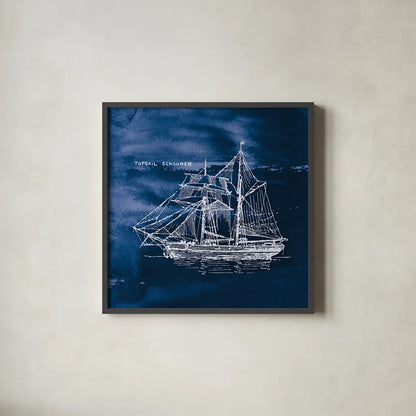 Sailing Ships V Indigo by Wild Apple Portfolio. Shown in a sleek black glass frame for a contemporary gallery look. Available as an archival giclee rolled canvas, fine art paper, or poster print. SKU 32102a.